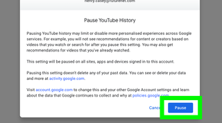 A green box highlights the Pause button on the Pause YouTube History menu