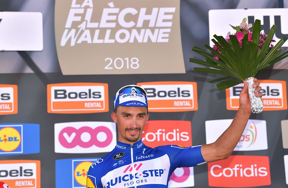 Julian Alaphilippe (Quick-Step Floors) wins La Fl&egrave;che Wallonne, Alejandro Valverde (Movistar) second and Jelle Vanendert (Lotto Soudal)