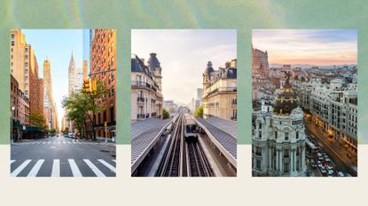 L-R: New York streets and buildings, train lines between Paris buildings and bird&#039;s eye of Madrid&#039;s Gran Via