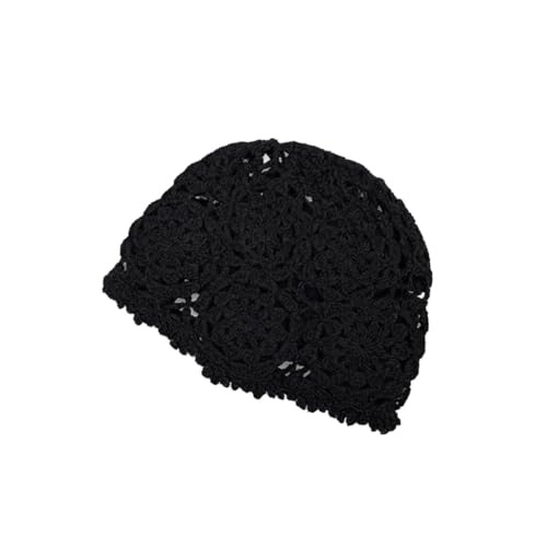 Dear Richie - Vintage Crochet Beanie Cap, Cotton Blend, Floral Lace Pattern, Handcrafted Summer Head Piece (richie Black)