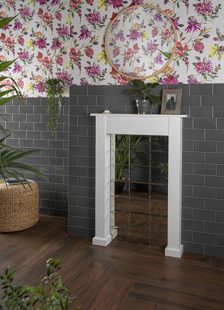 tiled fireplace in a bathroom