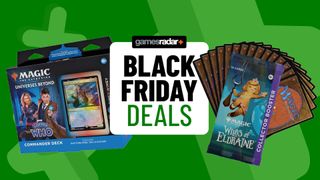 A Doctor Who Commander Deck box and Wilds of Eldraine boosters beside a 'Black Friday deals' badge