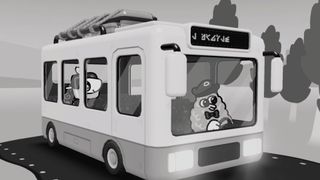 Riding the bus in Toem 2, which is driven by a fluffy creature in a bowtie