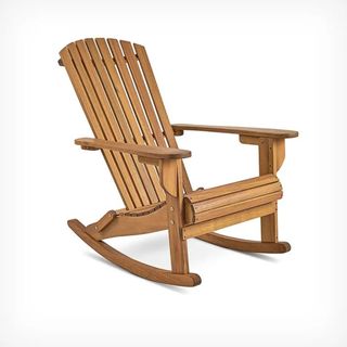 A wooden rocking adirondack chair