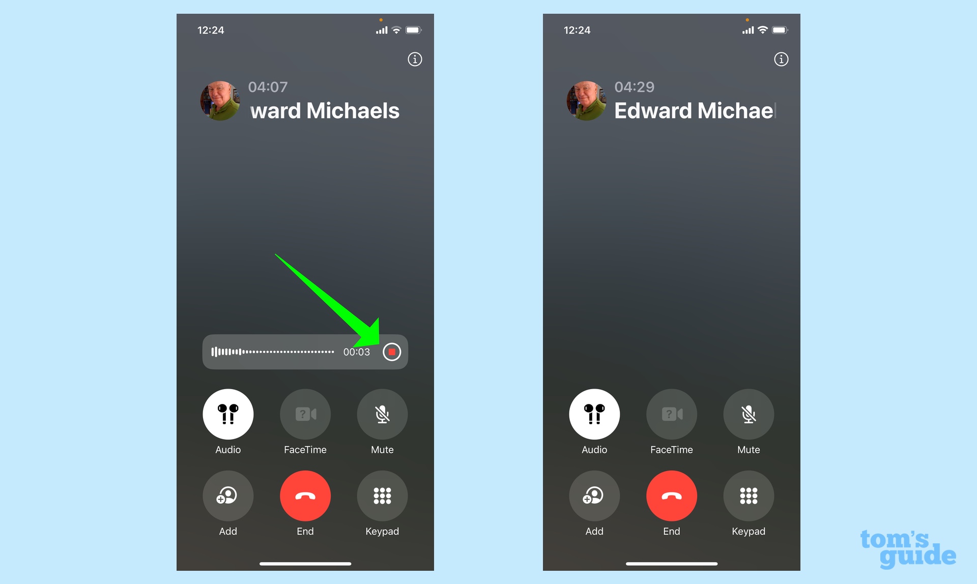 Tap the red record button to end recording and continue the call