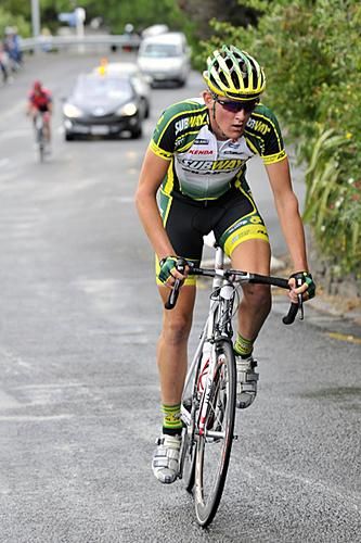 Michael Vink has dropped Paul Odlin on the climb up Dyers Pass Rd.