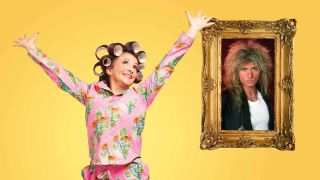 Lucy Porter jumping for joy next to a framed portrait of David Coverdale 