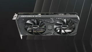 Palit RTX 3060 graphics card with grey Nvidia backdrop.