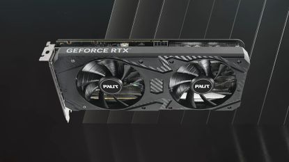 Palit RTX 3060 graphics card with grey Nvidia backdrop.