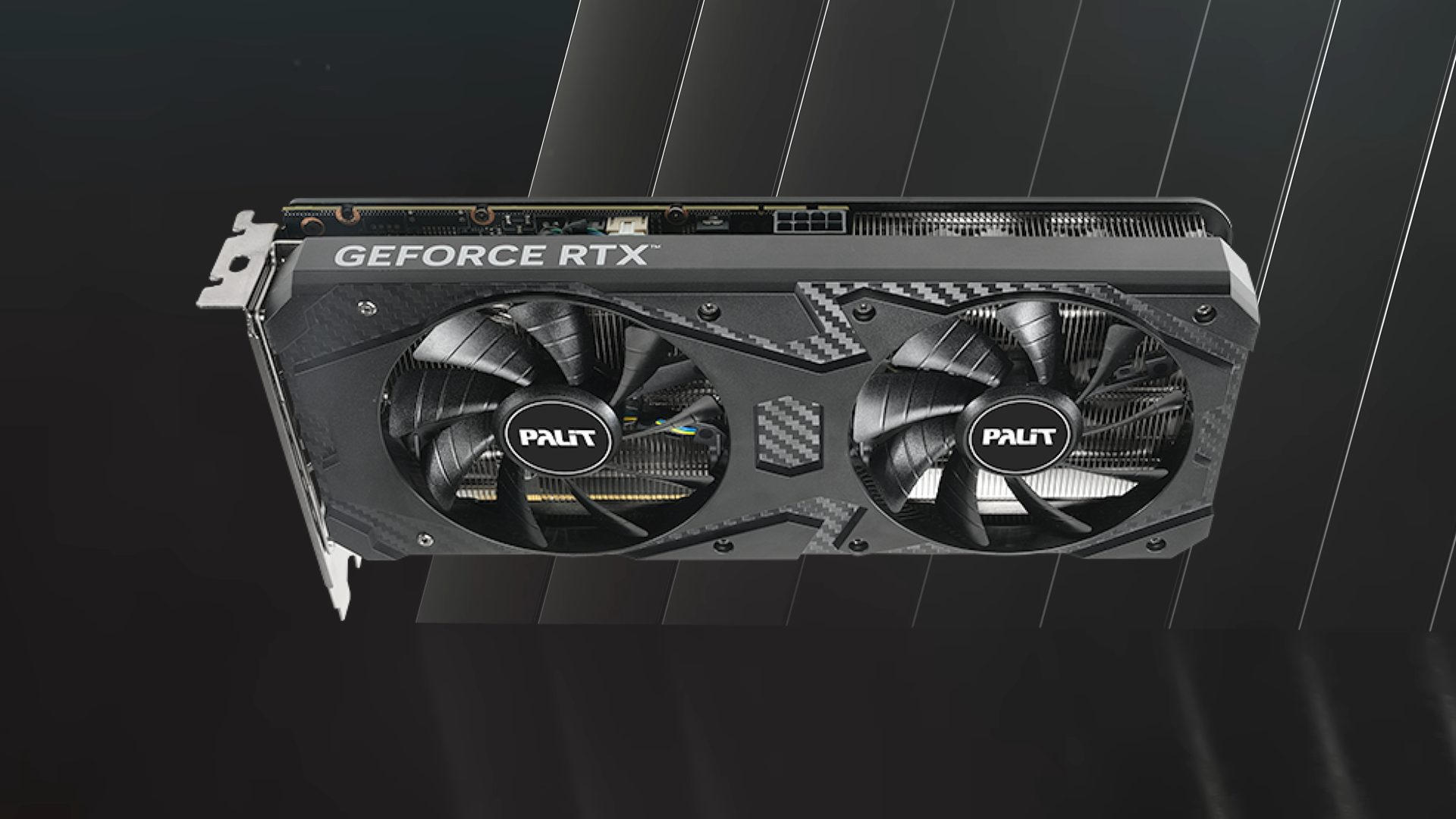 Palit RTX 3060 graphics card with grey Nvidia backdrop.
