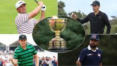 A montage featuring Bryson DeChambeau, Joaquin Niemann, Cameron Smith, JJ Spaun and the Presidents Cup trophy