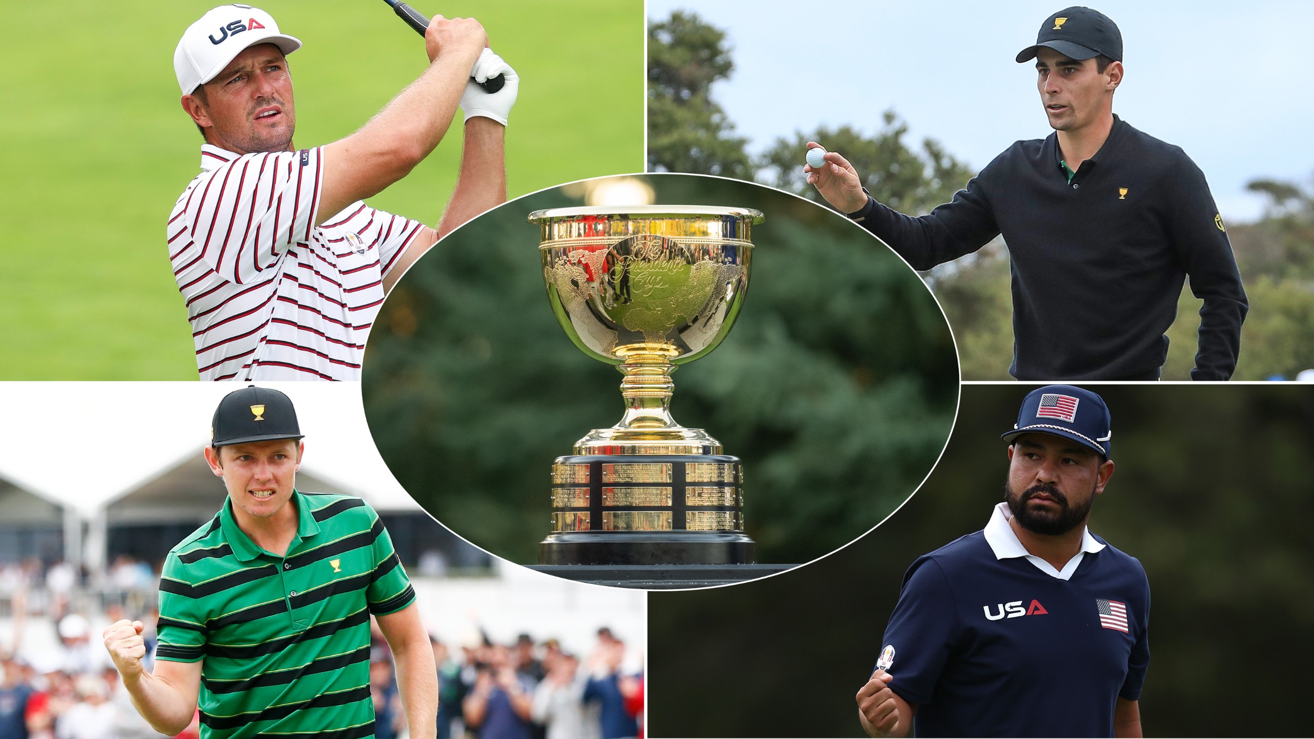 A montage featuring Bryson DeChambeau, Joaquin Niemann, Cameron Smith, JJ Spaun and the Presidents Cup trophy
