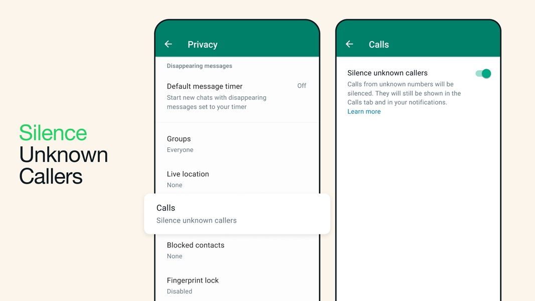 WhatsApp's new Silence Unknown Callers feature.