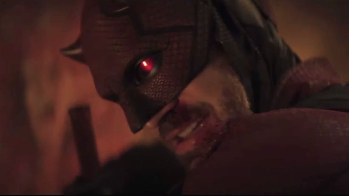 Charlie Cox suited up with glowing red eyes in Daredevil: Born Again.