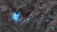 cluster of blue stars surrounded by nebulous clouds.