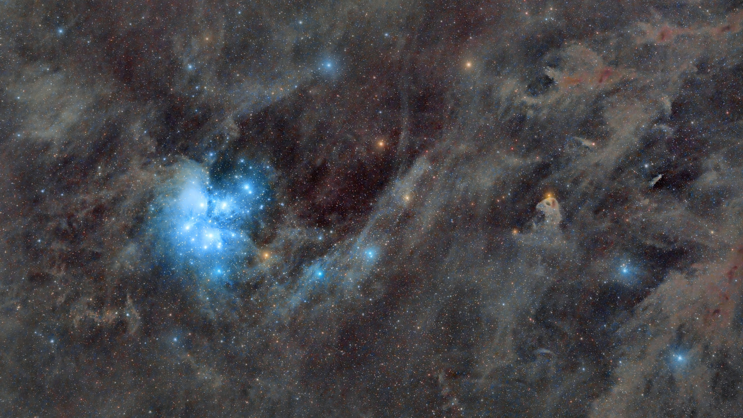 cluster of blue stars surrounded by nebulous clouds.