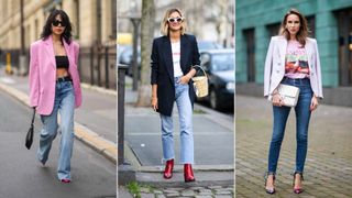 Three women showing how to style high waisted jeans with a blazer