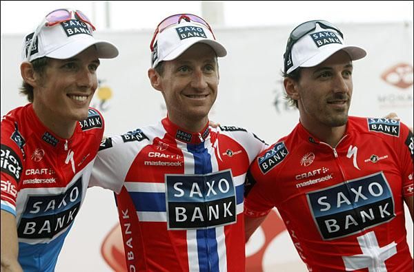 A Saxo Bank trio - (l-r): Andy Schleck, Kurt-Asle Arvesen and Fabian Cancellara.
