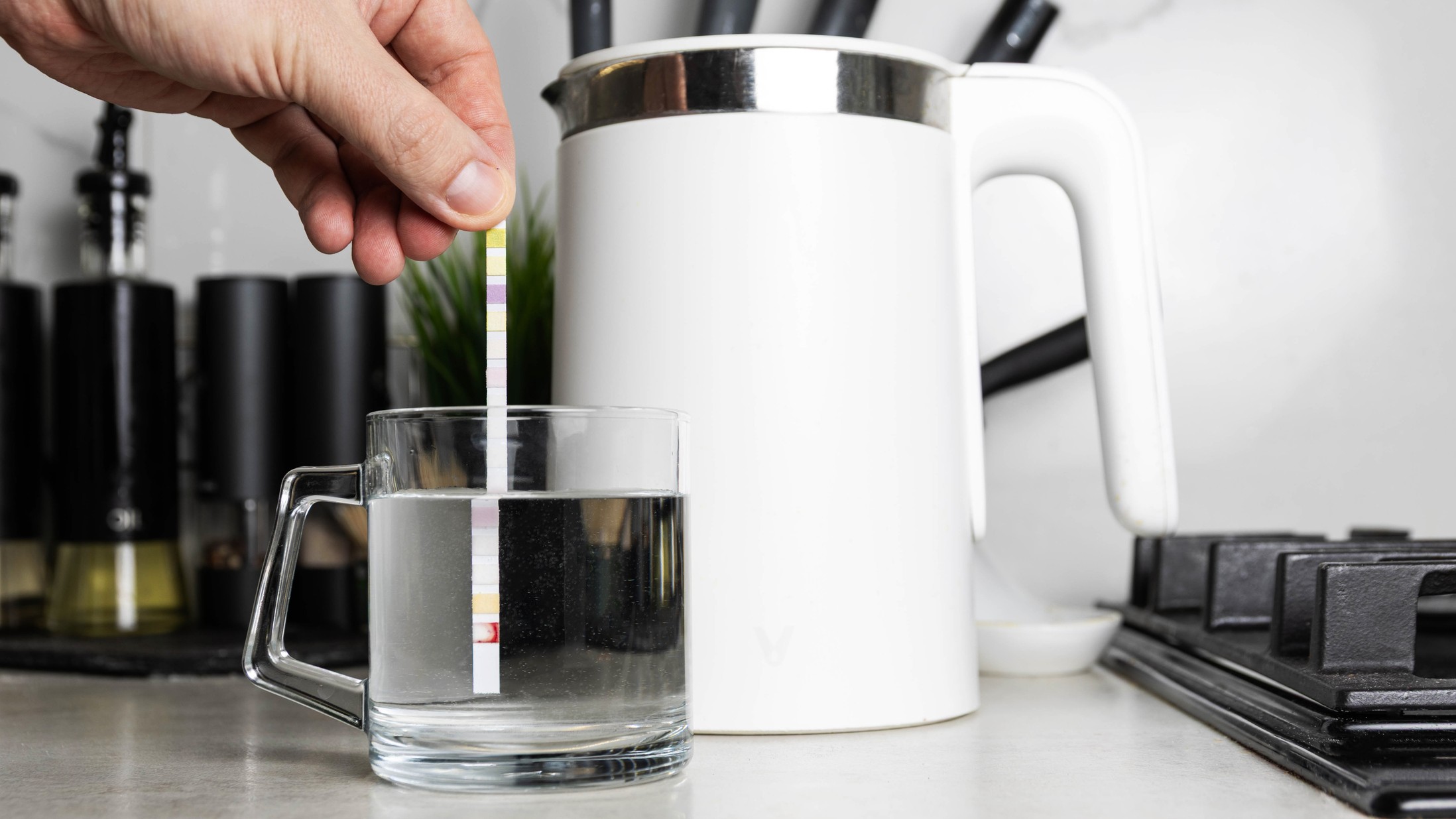Person's hand dipping water-testing strip in a cup of water beside a kettle