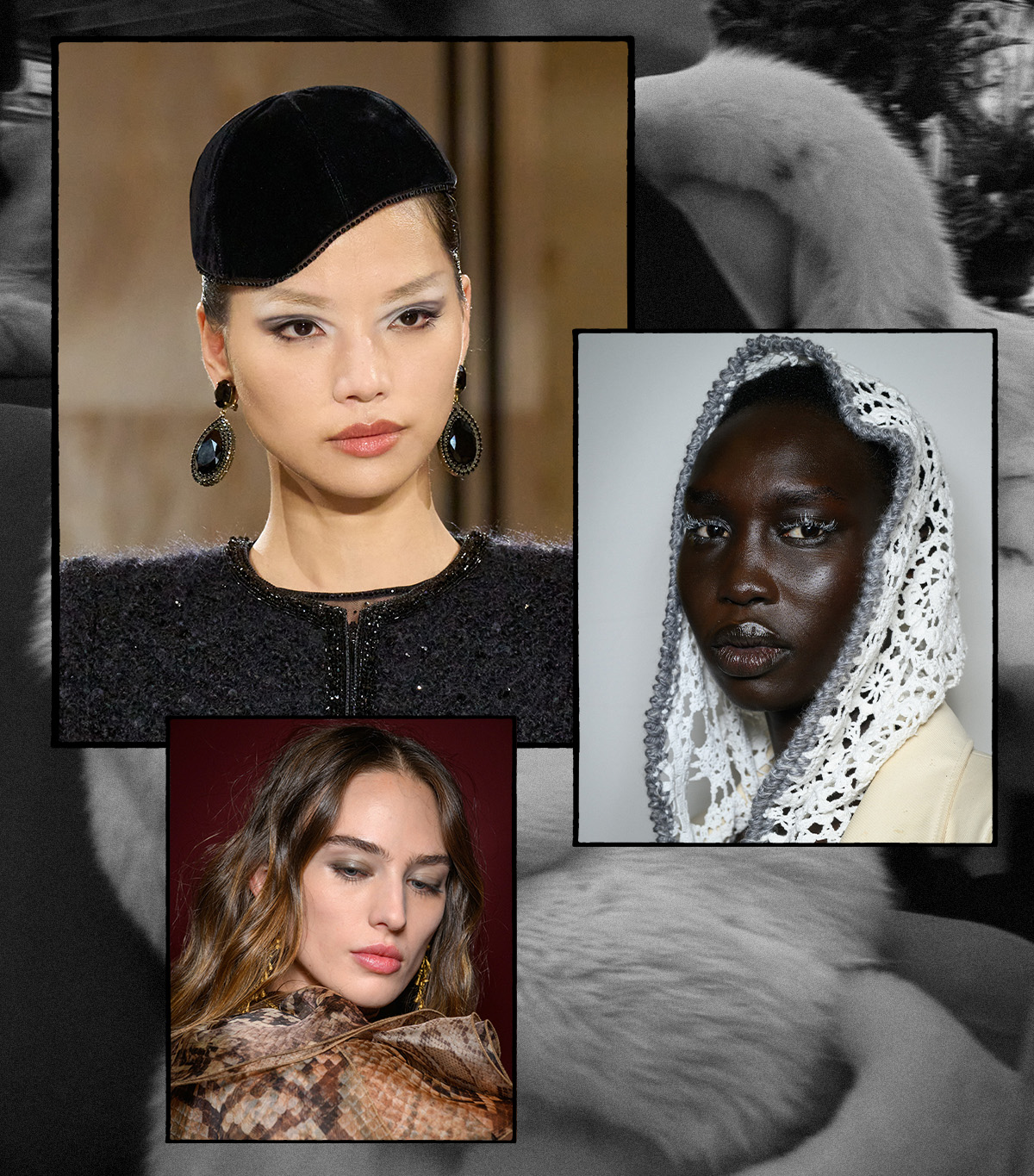 A collage of people in holiday-inspired makeup and hairstyles.