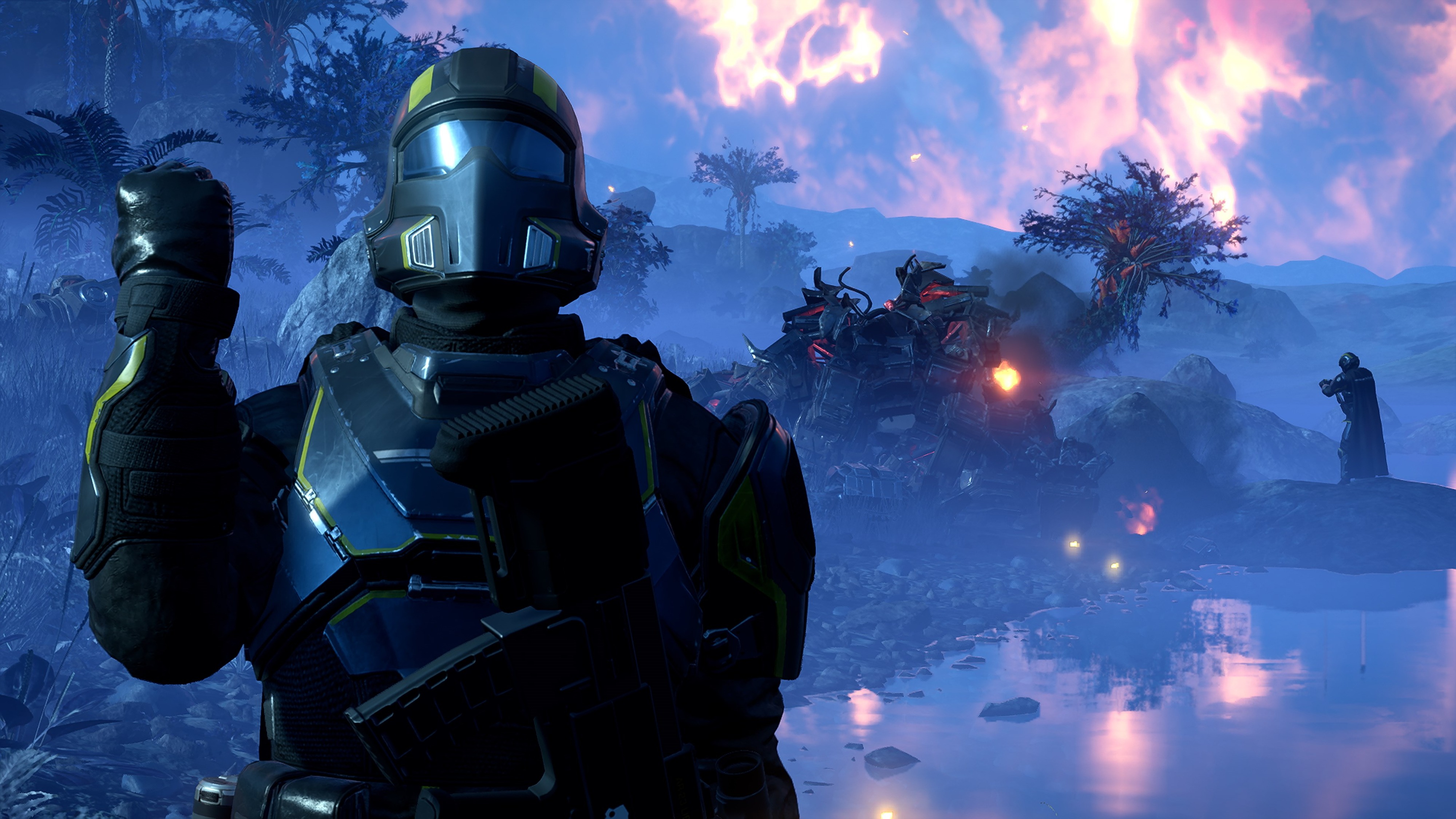 Promotional screenshot of a soldier celebrating a victory in Helldivers 2