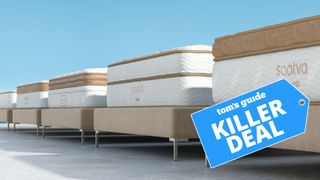 A selection of Saatva mattresses, with Killer Deal flag overlaid