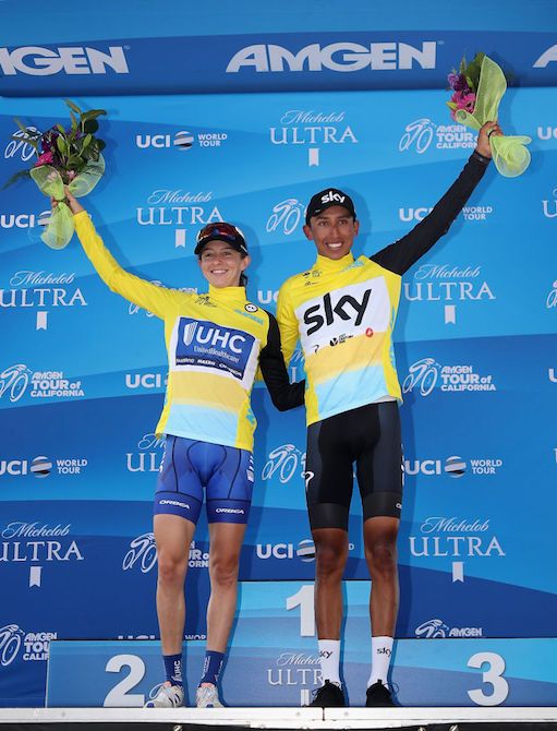 Team Sky's Egan Bernal shares the podium in South Lake Tahoe with leader of the Amgen Women's Race Katie Hall (UnitedHealthcare)