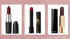 A selection of dark lipsticks, including a classic red and burgundy from MAC, Victoria Beckham Beauty and Chanel/ in a pink template