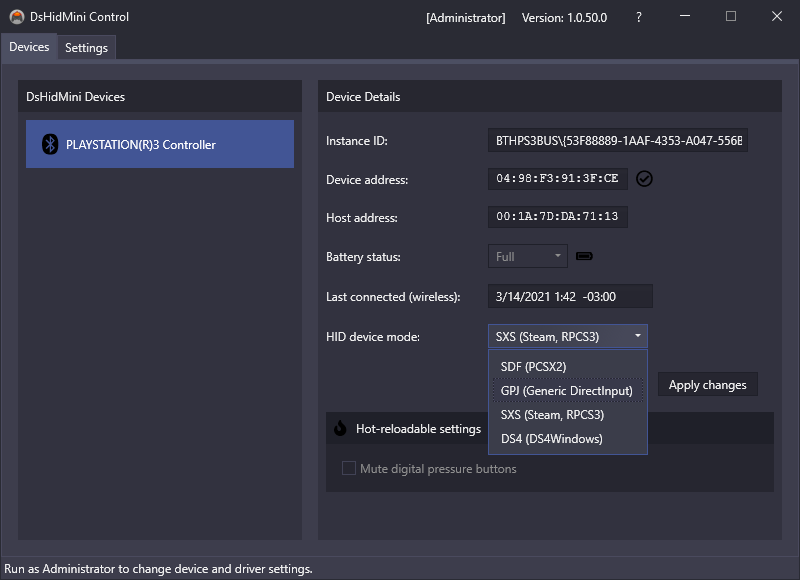 DsHidMini PS3 controller setup