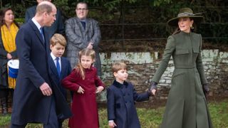 Prince William, Prince of Wales, Prince George, Princess Charlotte, Prince Louis and Catherine, Princess of Wales attend the Christmas Day service