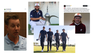 Two screengrabs of X posts showing LIV Golfers in new apparel, Tyrrell Hatton with the Dubai Desert Classic trophy and the HyFlyers GC team