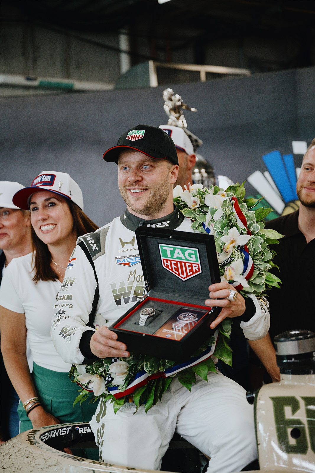 Felix Rosenqvist with his TAG Heuer watch after winning the 2026 Indianapolis 500.