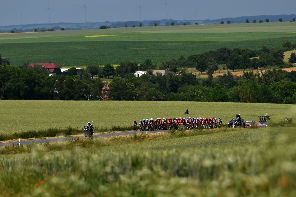 SCHMOLLN GERMANY JUNE 27 A general view of the peloton passing through a landscape during the 36th Internationale LOTTO Thringen Ladies Tour 2024 Stage 3 a 1446km stage from Erfurt to Erfurt on June 27 2024 in Schmolln Germany Photo by Luc ClaessenGetty Images