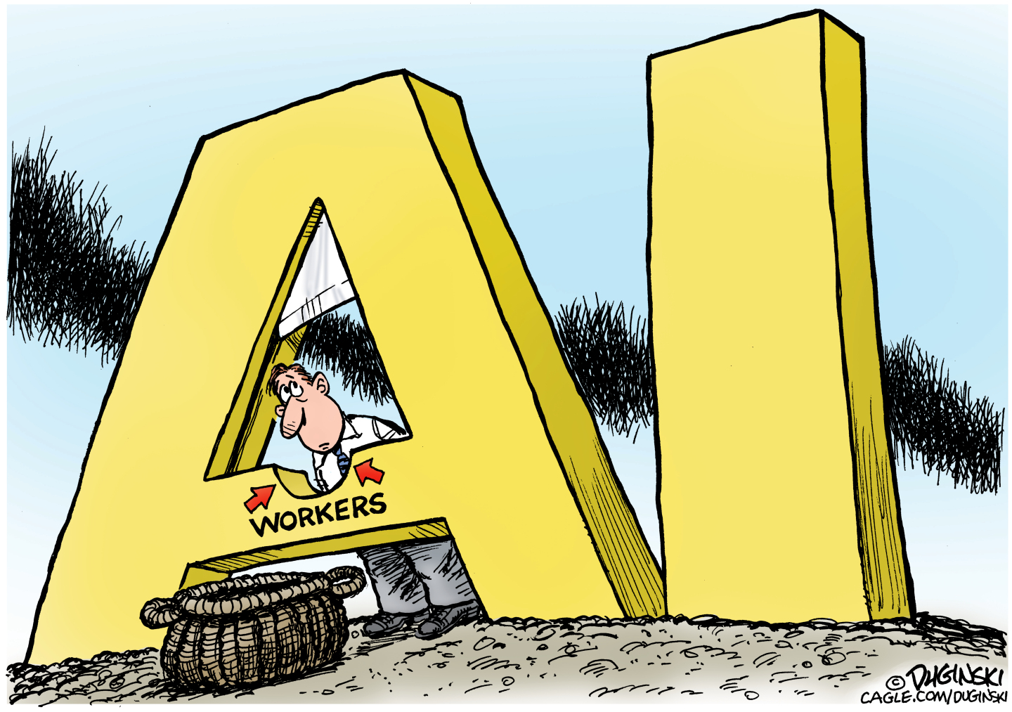A nervous male worker is shown with his head sticking through the letter A, which is part of a large, guillotine-like structure that spells out &amp;ldquo;AI&amp;rdquo;. The A also has a blade hanging from it and there is a basket to catch the severed head.