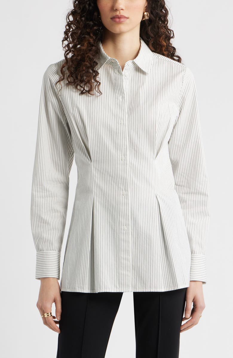 Stripe Pleat Waist Button-Up Shirt