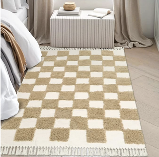 Beige and white checkerboard Tukish rug from Amazon.