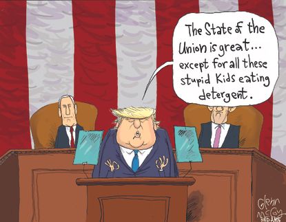 Political cartoon U.S. Trump State of the Union tide pods