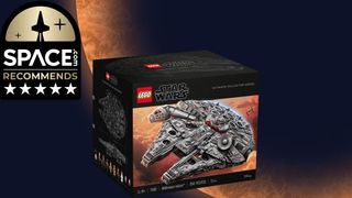 Lego UCS Millennium Falcon box on a orange planet background with a space.com logo badge in the top right corner