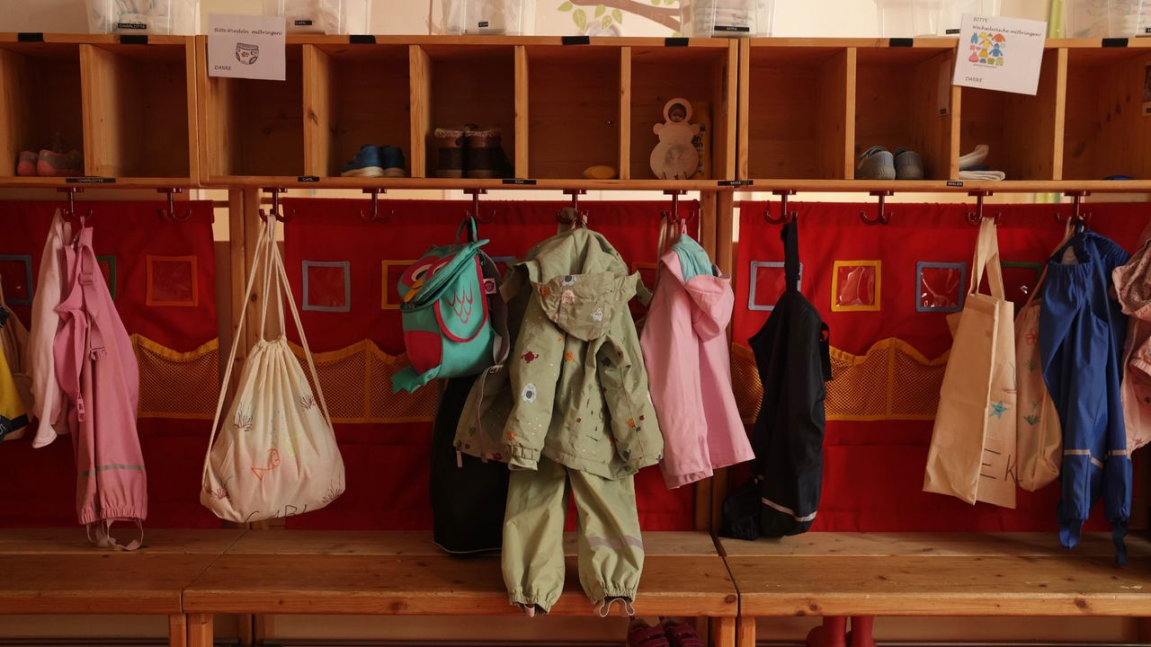 Coats and bags hanging up at a preschool in the Neukölln district of Berlin