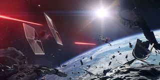 A space battle in Star Wars Battlefront II.