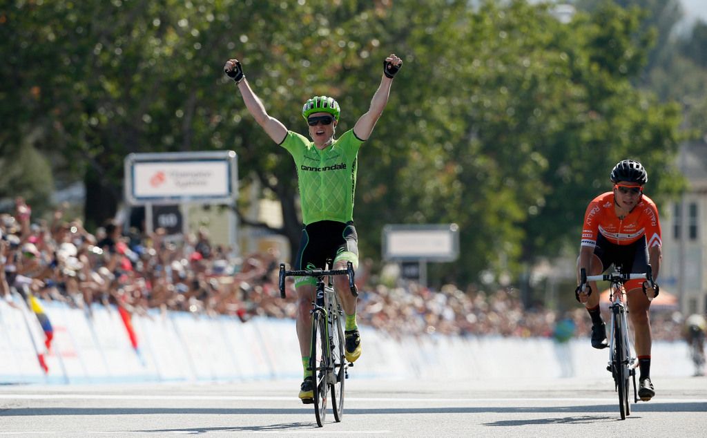 Ben King (Cannondale) celebrates as Evan Huffman (Rally) realises he has been beaten to the line