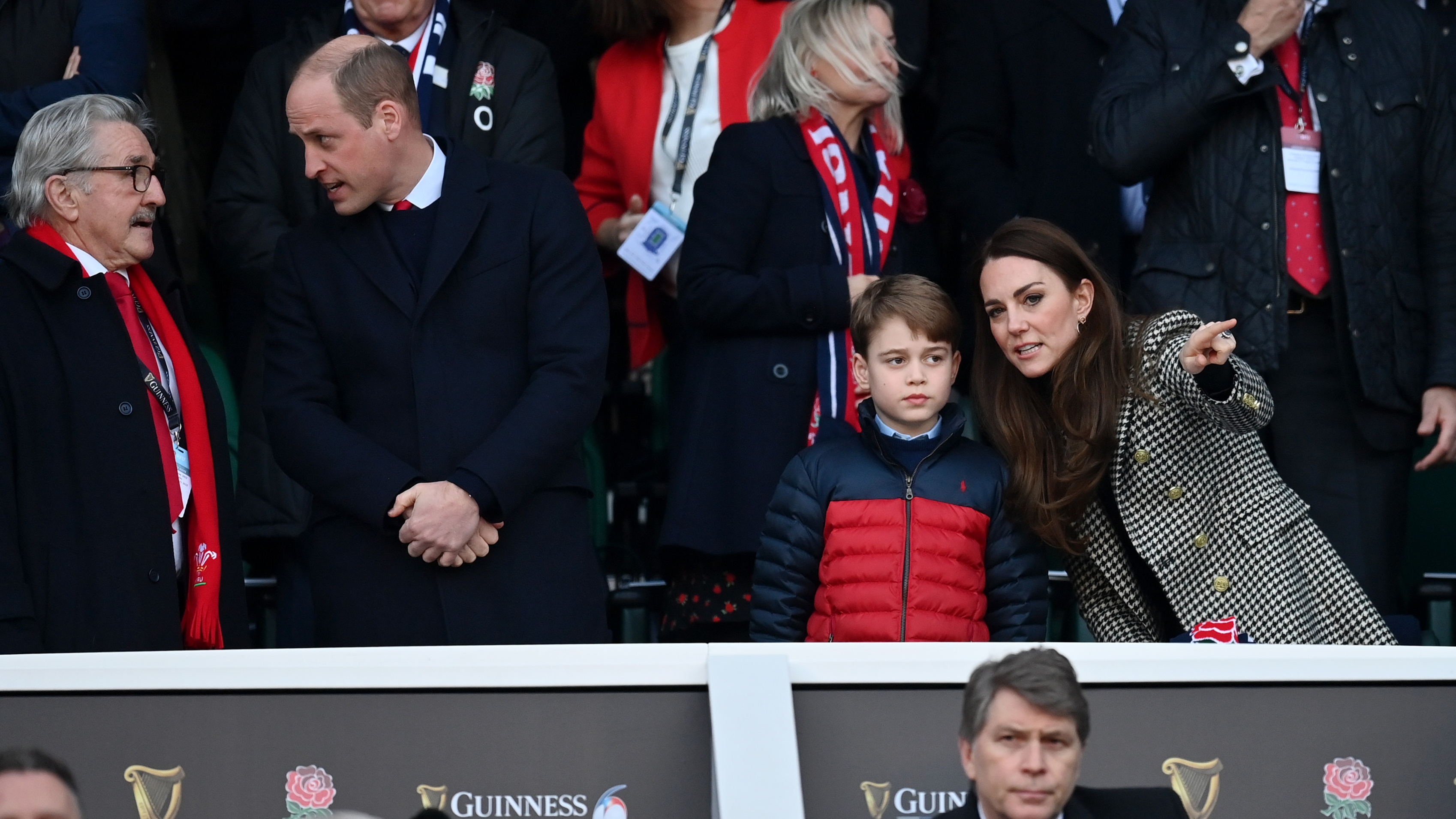 Catherine, Princess of Wales speaks to Prince George prior to a Six Nations Rugby match