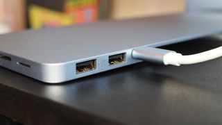 A close up of the back of the USB-C Slim Dock for iMac