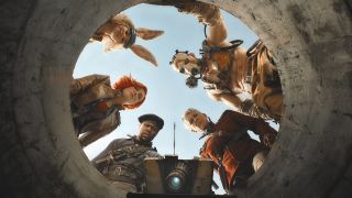 Borderlands movie cast all looking down a hole.
