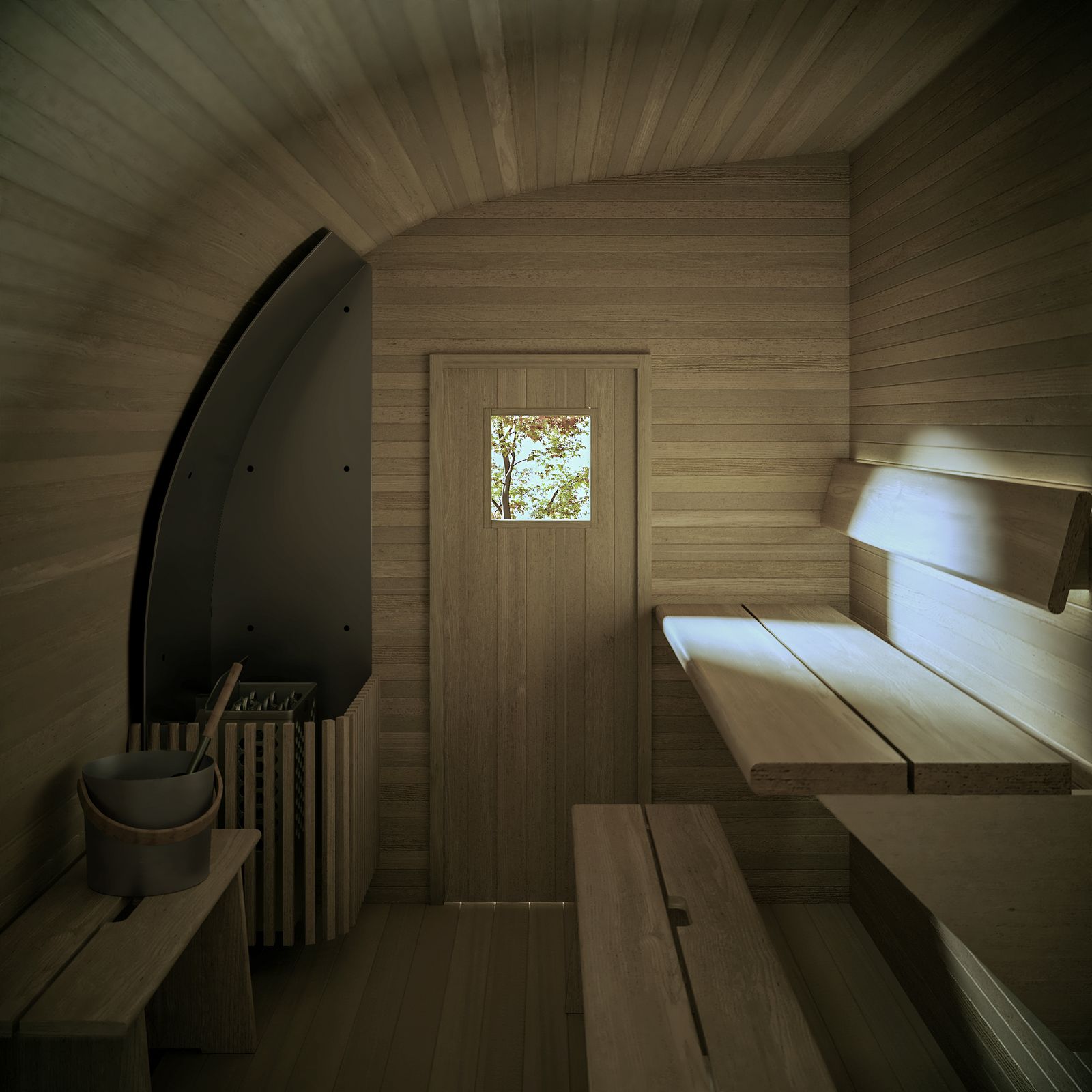 Inside a wooden sauna