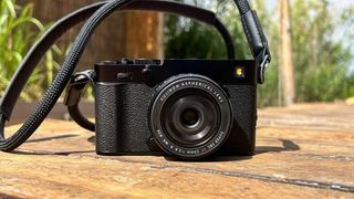 The new Fujifilm X-E5 film simulation camera photographed outside.