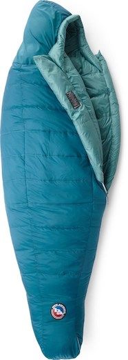 A blue Big Agnes Sidewinder sleeping bag