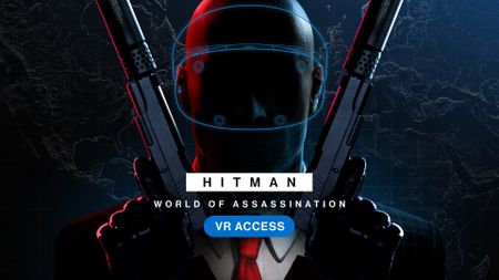 Agent 47 holding up duel pistols with a PSVR 2 headset outline over his head
