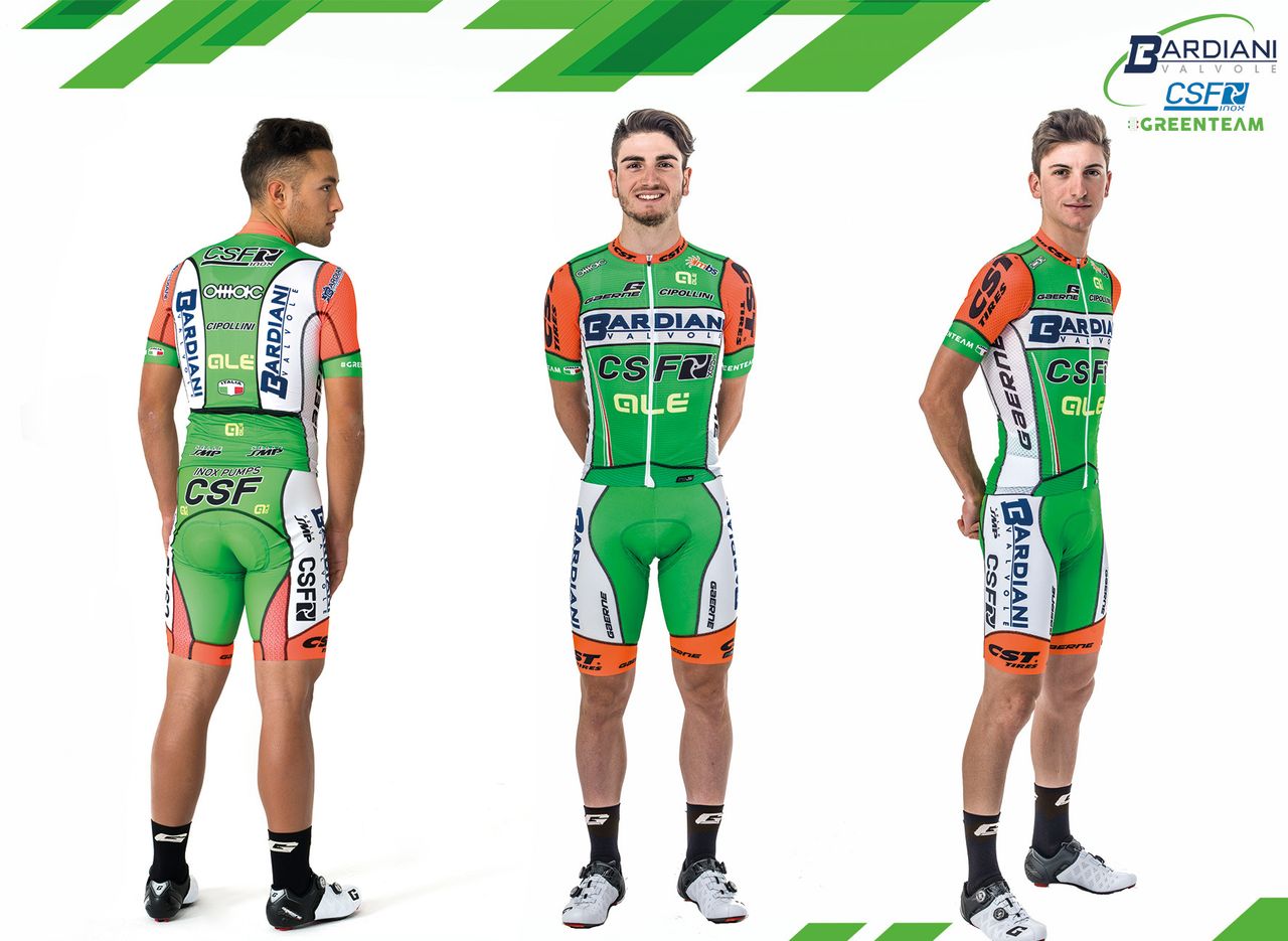 Vincenzo Albanese, Lorenzo Rota and Giulio Ciccone model the 2018 Bardiani-CSF kit