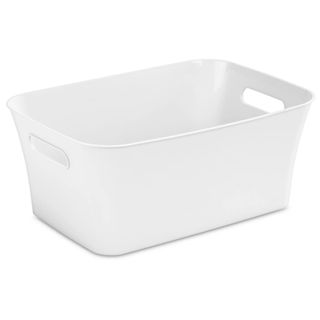 White plastic storage bin with handles